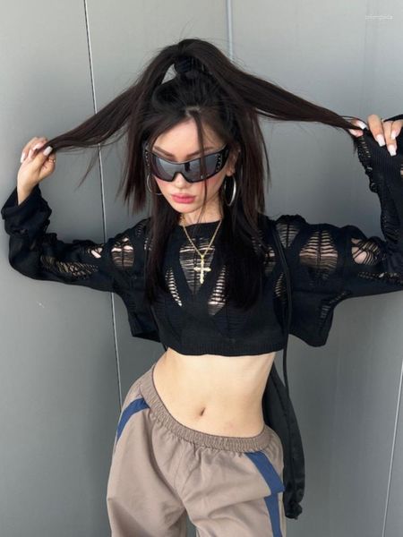 Kadın Sweaters Seksi Sokak Giyim Mahsul Siyah Külot Kadınlar Y2K İçi Boş Örme Mesh Üstleri Kadın Goth 2000'ler Grunge Kpop Chic Lady Giysileri