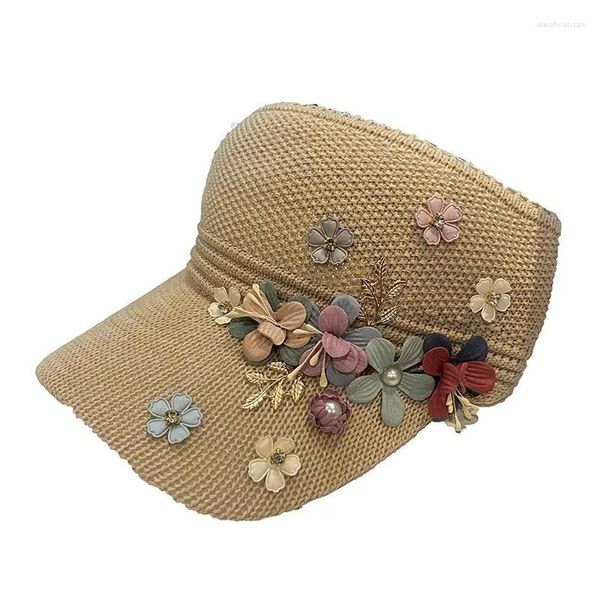 Chapéus de aba larga Boné de malha com apliques de flores para mulheres Bonito Primavera Ao ar livre Vazio Verão Chapéu de sol Viagem Rua Casquette