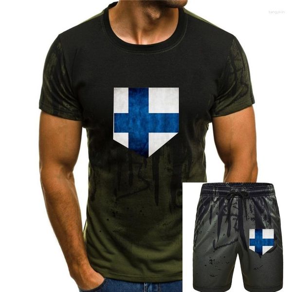 Agasalhos masculinos de manga curta com estampa de decote em O e camiseta hipster com estampa vintage e bolso com a bandeira da Finlândia, camiseta com a bandeira da Escandinávia, criador de homens