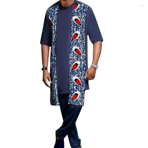 Tute da uomo Camicie patchwork dal design sartoriale con pantaloni a tinta unita Abito da sposo blu scuro Abiti maschili in stile nigeriano