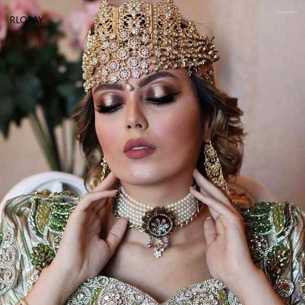 Haarspangen Algerien Traditionelle Hochzeitsketten Königliche Tiara mit vollen Kristallen Luxuriöse goldfarbene Kopfbedeckungen Arabische Krone