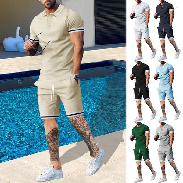 Erkeklerin Trailtsits Düz Renk Giysileri Kısa Kollu Polo Gömlek Şortları Yaz Günlük Spor Giyim T-Shirt 2 Set