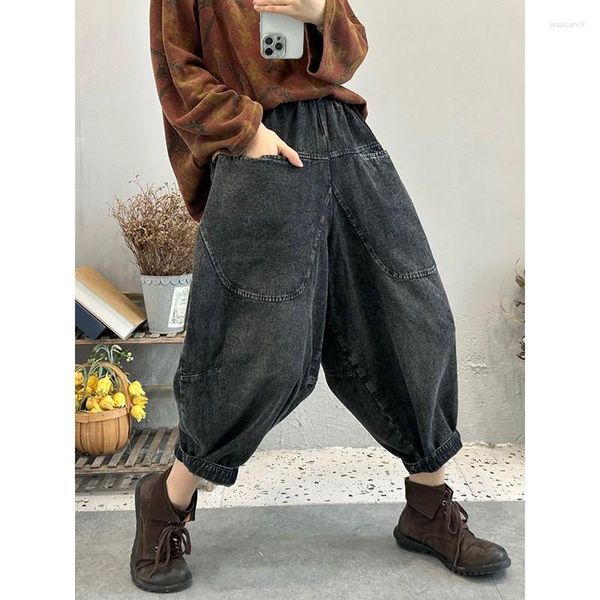 Frauen Jeans 2023 Frühling Kunst Stil Frauen Elastische Taille Casual Baumwolle Denim Harem Hosen Vintage Schwarz Knöchel-länge Lose c922