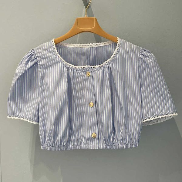 Ymiu gestreiftes kurzes Hemd mit freiliegendem Nabel und Bund, vielseitiges einreihiges Hemd für Damen, kurzärmeliges Oberteil, neu für den Sommer 2023