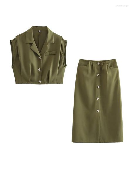 Vestidos de trabalho conjuntos de verão combinando para mulheres verde militar sem mangas colete curto e saia midi