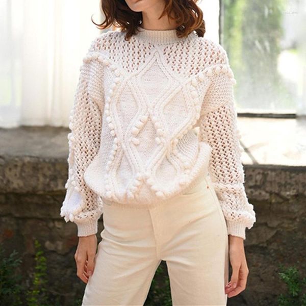 Damenpullover GypsyLady Vintage Chic Strickpullover Pullover Weiß Herbst Frühling Frauen Hollow Out O-Ausschnitt Sexy Warm Damen Pullover