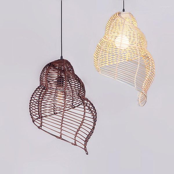 Luminárias pendentes Sudeste Asiático Lâmpada de bambu Forma de caracol do mar Vime Rattan E27 Luzes Salão chinês Luminárias criativas para decoração de casa