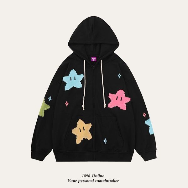 Mens Hoodies Sweatshirts Yıldız Yama Kadın Giyim Basit Nakış Kpop Hoodie Goth Vahşi Y2K Kawaii Pullovers Kış Düğmesi Top Zip 230803