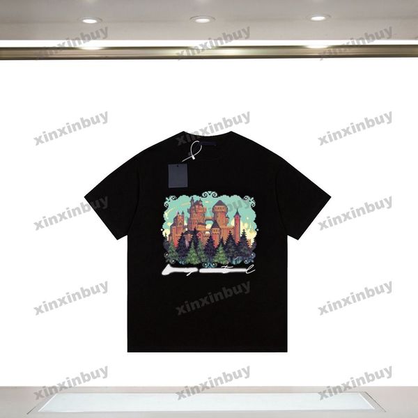 Xinxinbuy Мужчины дизайнерская вязаная футболка футболка 23SS Париж Мозаичный замок с коротким рукавом хлопковые женщины черные xs-l
