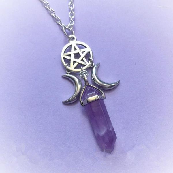 Anhänger Halsketten Triple Moon Göttin Kristall Pentagramm Halskette Sechseck Stein Wiccan Hexerei Kragen Schmuck Frauen Kreative Geschenke