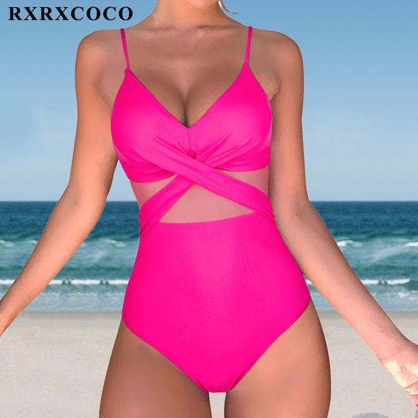Женские купальники Rxrxcoco Розовый твердый купальный купальник Сексуальная пляжная одежда высокая талия прозрачная женская купальника без спины отжимания купальники 230803