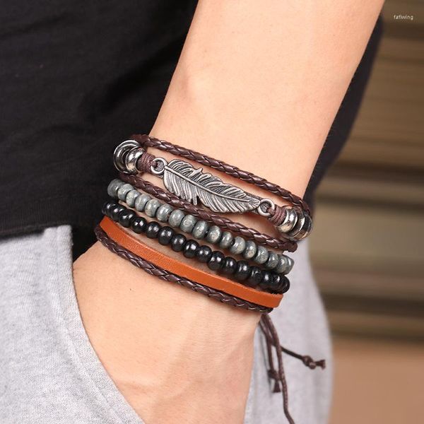 Charm Bracelets Vintage Couro Bracelete Para Homens Folha de Penas Multi-Camadas Joias da Moda