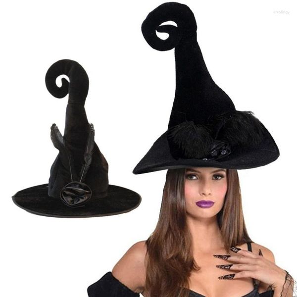 Berretti Cappelli da strega in flanella per la pelle fatti a mano per Halloween Accessori per capelli Spettacoli Carnevale Cappello da festa con piuma