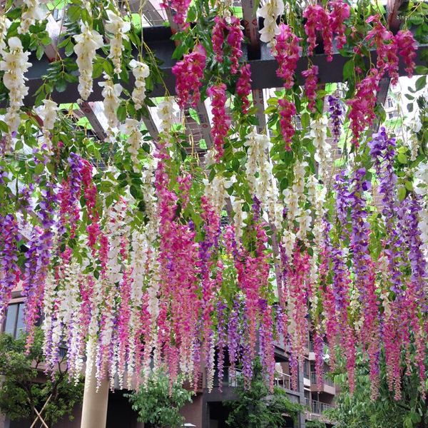 Dekorative Blumen 12 teile/los Künstliche Seide Wisteria Vine Hängenden Blumenstrauß Rattan Braut Girlande Für Hausgarten El Hochzeit Dekor