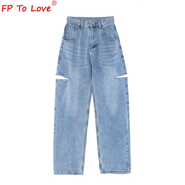 Jeans Masculino Mulher Design Jeans Calças Denim Primavera Outono Street Style Corte Rasgado Comprimento Inteiro Cintura Alta Azul Claro Zíper Calças de Pernas Largas 230803