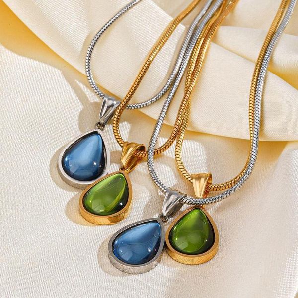 Ketten Edelstahl Retro Wassertropfen Opal Anhänger Halskette Für Frauen Mode Einfachen Kristall Runde Vintage-Schmuck