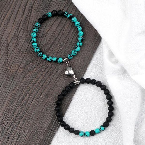 Strand 2 pçs/set Casal Ímã Pingente em Forma de Coração Pulseiras 6 MM Malaquita Olho de Tigre Bangles Amor Relacionamento Pulsera Jóias Presente