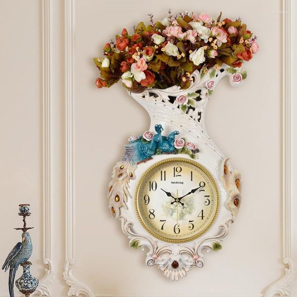 Relógios de parede TUDA Moda Grande Flor Pavão Decoração Sala De Estar Relógio Quarto Pastoral Espelho Adesivo Arte Silenciosa Relógio