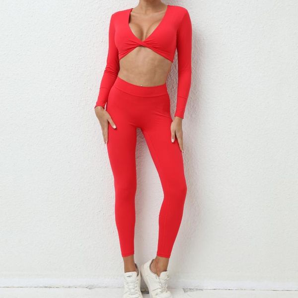 Set attivi Set da palestra in lycra Donna Sport Manica lunga Crop Top Leggings Push Up Abbigliamento sportivo Donna Abbigliamento sportivo Tuta da yoga per fitness Rosso