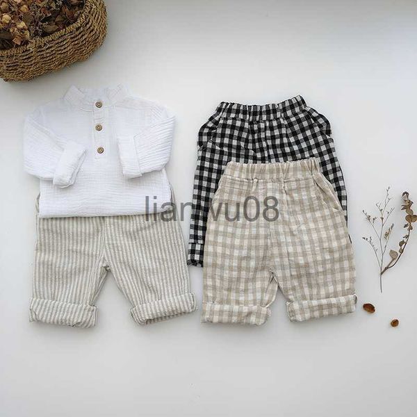 Completi di abbigliamento 2022 Set di vestiti per bambini in autunno Moda Lino Cotone Ragazzi Camicia a maniche lunghe Set di pantaloni a quadri Bambino Abbigliamento per bambini Ragazze Ropa Infantil x0803