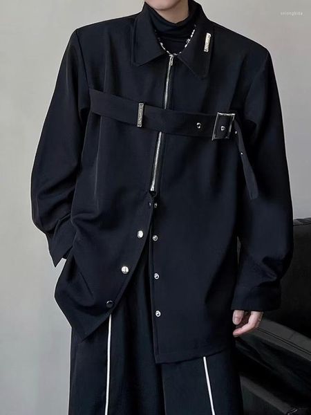 Мужские куртки Технические рубашки мужчины темная одежда хип -хоп блузки панк черный длинное рукав пуговица вверх мужской молнии Хараджуку японская уличная одежда