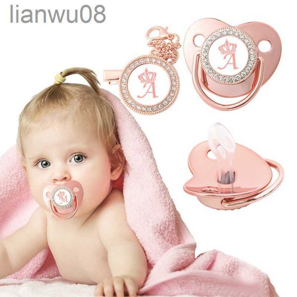 Chupetas # Clipes de chupeta personalizados para bebês Rosa Ouro Coroa Carta Bling Recém-nascido Luxo Chupetas Titular Silicone Mordedor de Mamilo Infantil x0804