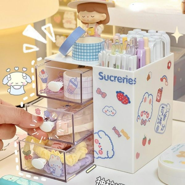 Estojos de lápis lindos porta-canetas organizador de armazenamento caixas com gaveta rack de cosméticos Kawaii acessórios de mesa meninas escritório escola papelaria 230804