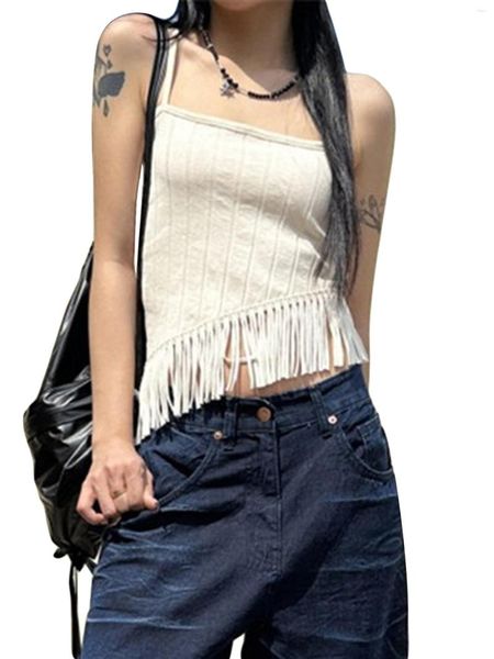 T-shirt da donna Scriardv Women S Y2k Ruffled Crop Canotta con nodo posteriore e spalline sottili - Elegante top estivo per streetwear