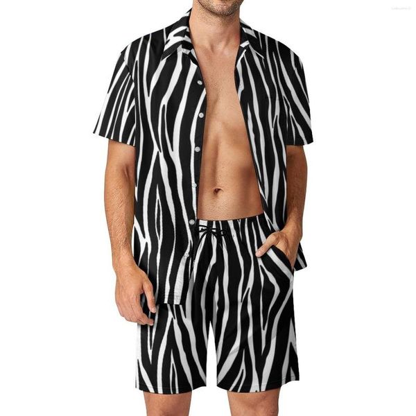 Tute da uomo Zebra Print Set da uomo Strisce bianche e nere Pantaloncini casual Moda estiva Camicia da spiaggia Set manica corta Design Abito di grandi dimensioni