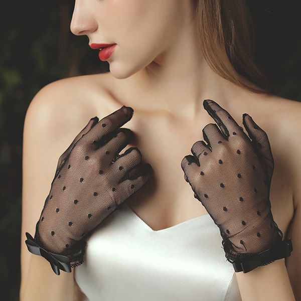 Luva Sem Dedos Etiquette Mesh Transparente Dot Tulle Fishnet Bowknot Full Finger Mittens Elastic Wedding Bridal 230804