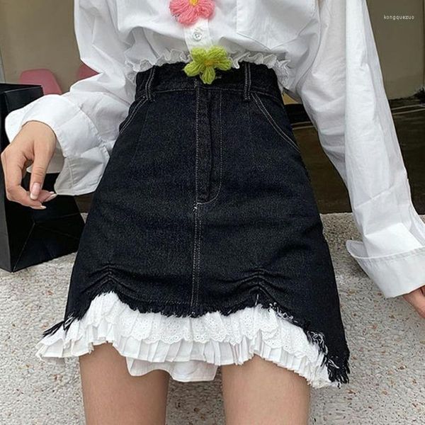 Gonne Y2k Jean Women Chic Sweet Lace Patchwork Mini Female Casual Designer coreano stile giapponese Hajaruku