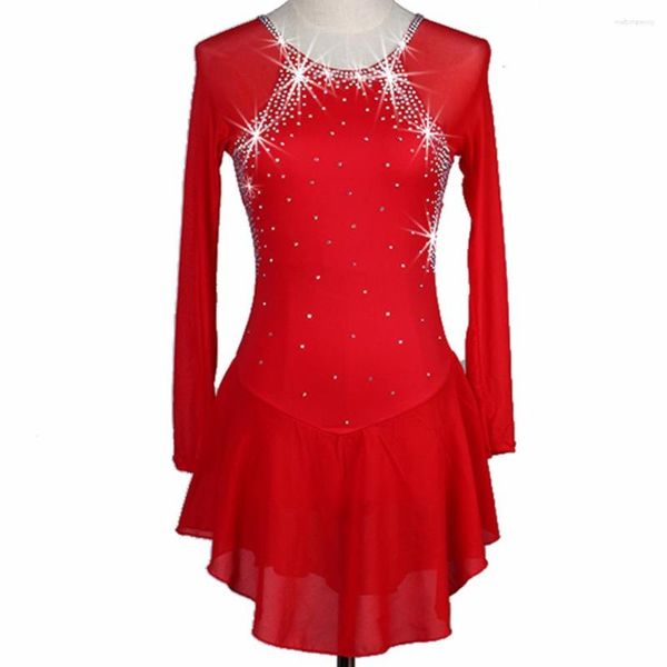 Bühnenkleidung Eiskunstlaufkleid Damen Mädchen Eisblau Rot Strass Hohe Elastizität Leistung