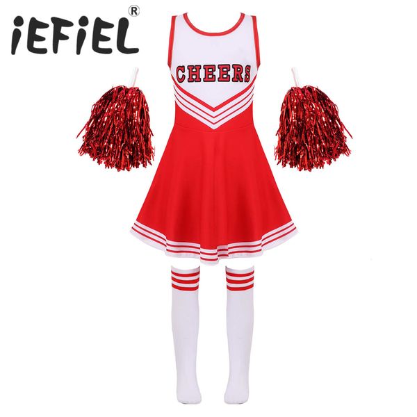 Vestidos para meninas Trajes de Cheerleading para Crianças Uniforme Sem Mangas Letra Estampado Dança Cosplay Vestido Roleplay com Meias para Performance de Palco 230803