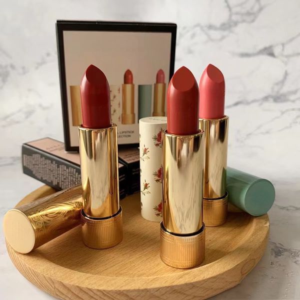 Advanced Women's Lipstick Frosted Silk Soft Gift Box Set da 3 pezzi con tubo d'oro a fiore spezzato 25 #/Tubo d'oro 25 # Tubo verde 02 # 1.3gx3
