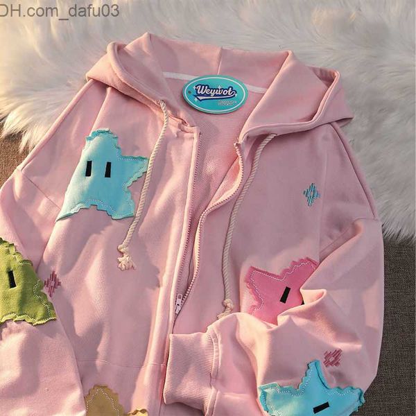 Erkek Hoodies Sweatshirts Yeni Japonca Basit Kawai Gevşek Yıldız Yama Cardigan Erkekler ve Erkekler İçin Sevimli Kazak Erken Baharda Yeni Tembel Windbreaker Trend Z230804