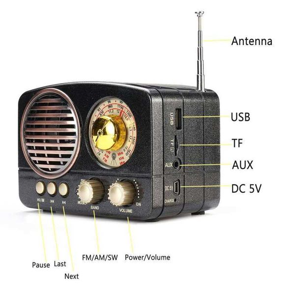 Alto-falantes portáteis bluetooth sem fio alto-falante estéreo fone de ouvido am usb aux cartão multimídia receptor clássico