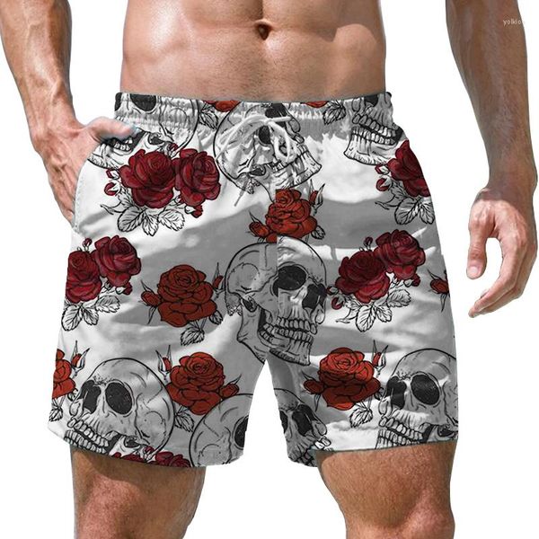 Shorts masculinos Flor de caveira estampada em 3D tendência da moda praia estilo gótico verão