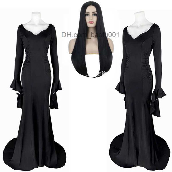 Tema Traje Addams Wednesday Morticia Addams role-playing Halloween vestido sexy peruca adulto mulheres punk gótico bruxa rendas vestido fino Z230804