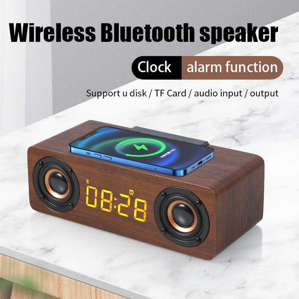 Altoparlanti portatili Altoparlante Bluetooth 5.0 Orologio multifunzione Audio wireless Stereo domestico TV in legno Soundbar Supporto AUX USB