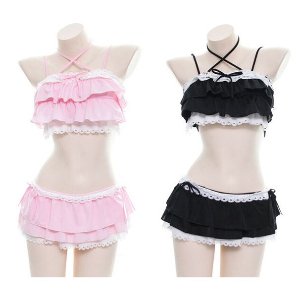 Damen-Bademode, süßer Mädchen-Lolita-Rüschen-Bikini, Sukumizu Cosplay, rosa und schwarze Farbe, Badeanzug, ausgehöhlter mehrschichtiger Saum, Biquini, Damen-Bademode 230803