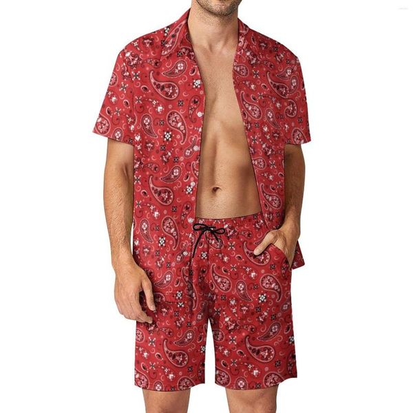 Fatos de Treino Masculino Vermelho Paisley Conjunto de Praia Masculino Vintage Floral Conjunto de Camisas Casual Shorts de Verão 2 Peças Novidade Terno Plus Size 2XL 3XL