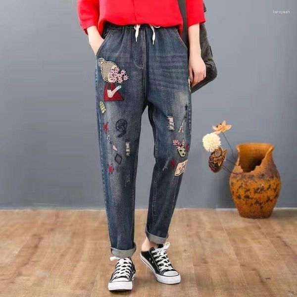 Damen Jeans 2023 Übergroße 5XL bestickte Cartoon Harem gespleißte knöchellange Hosen Frauen Vintage Denim Hosen Baggy Korean