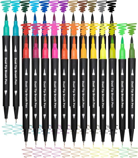 Маркеры 24/36/48 Двойной кисти маркеры ручки из тонкой точки и чаевые для детей для взрослых книг по раскраске журналов.