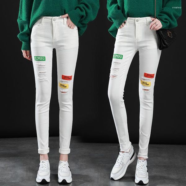 Jeans feminino branco calça slim fit casual buracos quebrados 2023 primavera cintura alta lápis apertado