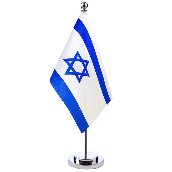 Banner-Flaggen, 14 x 21 cm, Mini-Flagge von Israel, Banner, Meeting, Sitzungssaal, Tisch, Schreibtischständer, Edelstahlstange, die Israel-Flagge, nationales Design, 230804