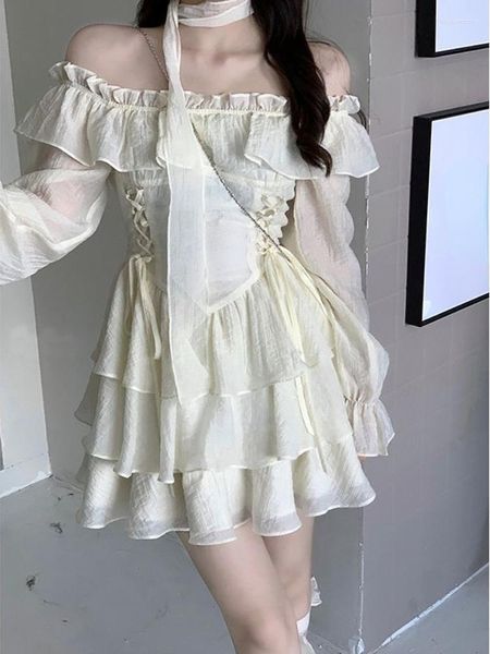 Vestidos casuais 2023 verão elegante babados vestido de fada feminino doce festa lolita manga longa uma peça moda feminina coreana