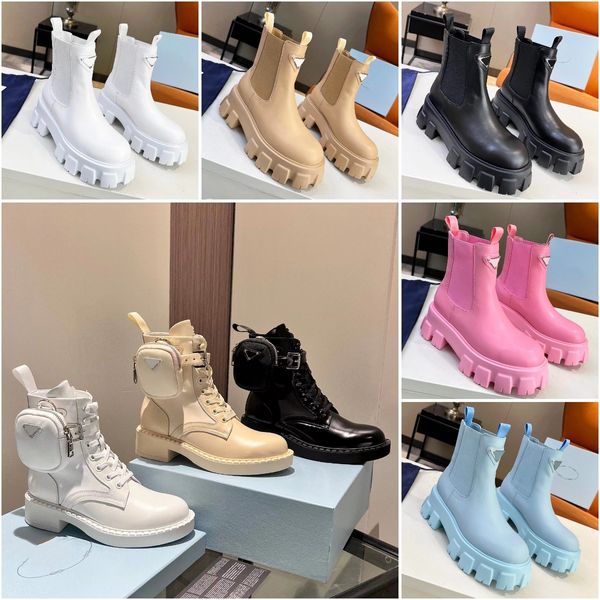 Primavera Outono Estilo Monólito Couro escovado Botas femininas Designer de luxo Botas de nylon Plataforma de moda Pele de carneiro de alta qualidade ao ar livre Botas de bolsa Tamanho 35-41