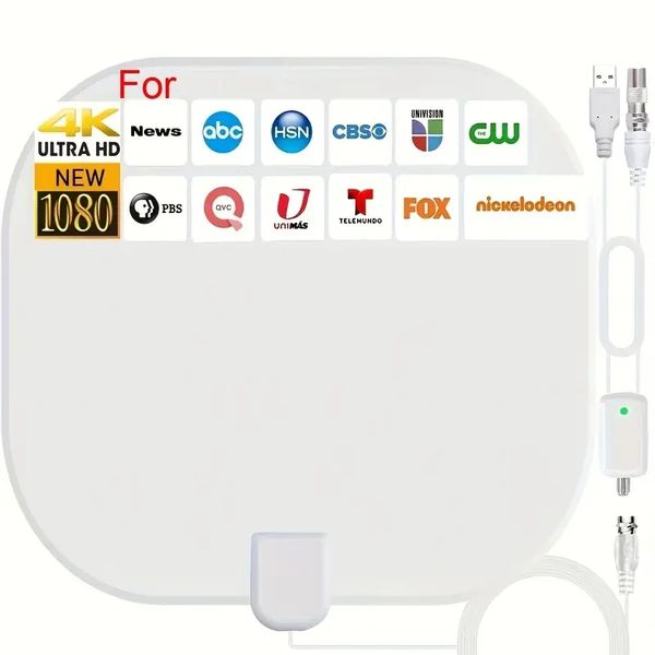 Antena de TV interna digital com alcance de 200 milhas com amplificador poderoso - Suporta 8K, 4K, 1080p - Reforço de sinal externo VHF UHF - Perfeito para Smart TVs