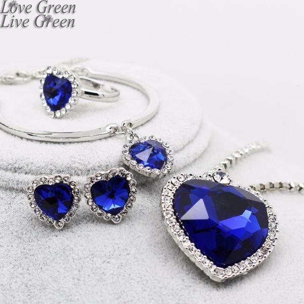 Hochzeitsschmuck-Sets Herz aus Ozeanblau Love Forever Set für Frauen Kristall Strass Halskette Ohrringe Ring Armband 230804