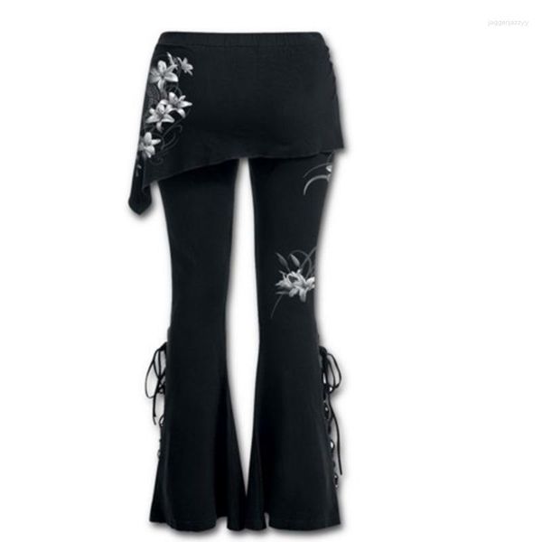 Calças femininas leggings cosplay de Halloween bordadas calças casuais estampadas com cadarço roupas vintage largas